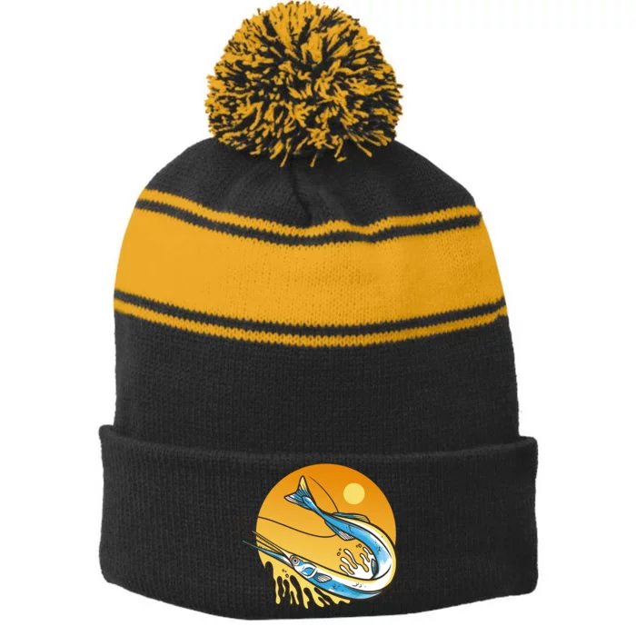 Needle Fish Sunset Stripe Pom Pom Beanie