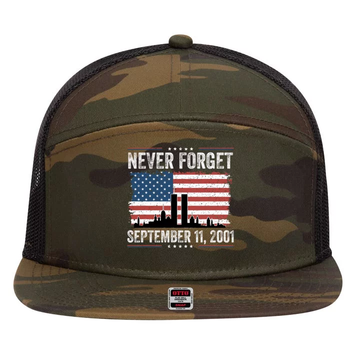 Never Forget September 11 2001 Memorial Day American Flag 7 Panel Mesh Trucker Snapback Hat