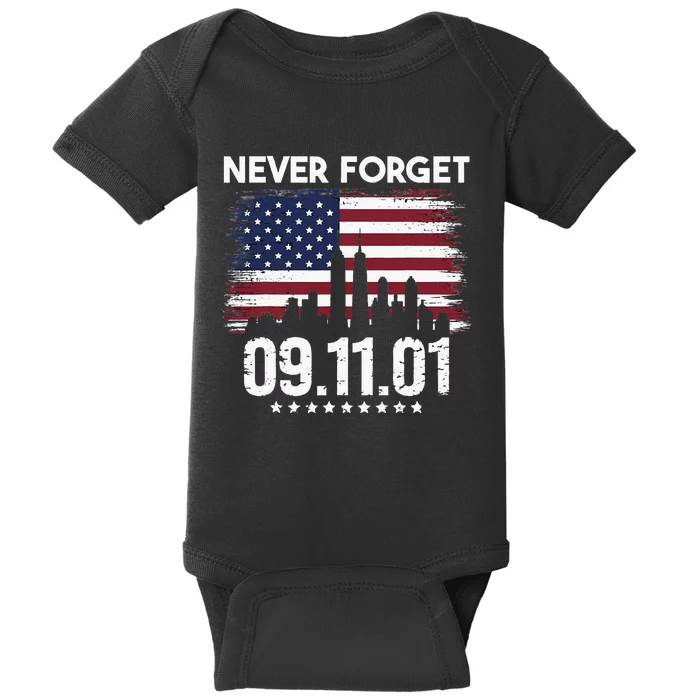 Never Forget September 11 2001 Memorial Day American Flag Baby Bodysuit