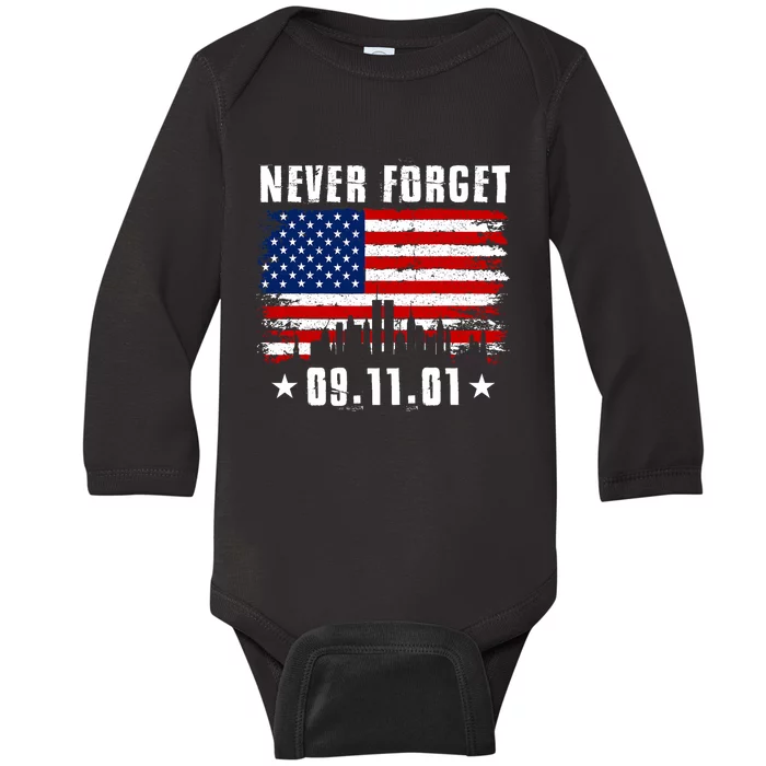 Never Forget September 11 2001 Memorial Day American Flag Baby Long Sleeve Bodysuit