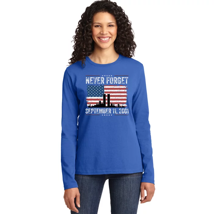 Never Forget September 11 2001 Memorial Day American Flag Ladies Long Sleeve Shirt