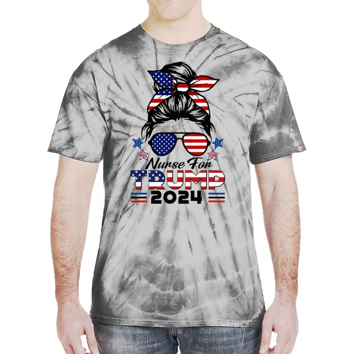 Nurses For Trump 2024 Messy Bun Nurse Usa Flag Tie-Dye T-Shirt