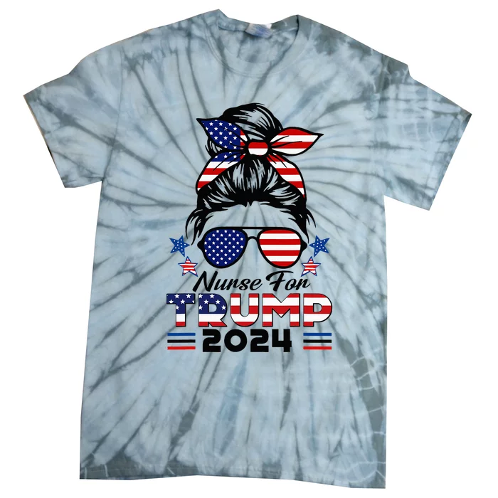 Nurses For Trump 2024 Messy Bun Nurse Usa Flag Tie-Dye T-Shirt