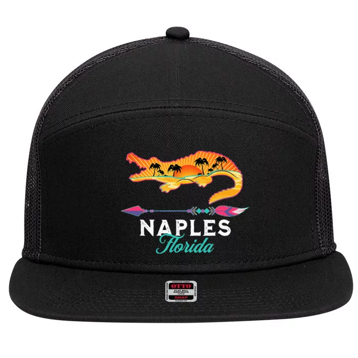 Naples Florida USA Alligator Sunset Palm Trees Souvenir 7 Panel Mesh Trucker Snapback Hat