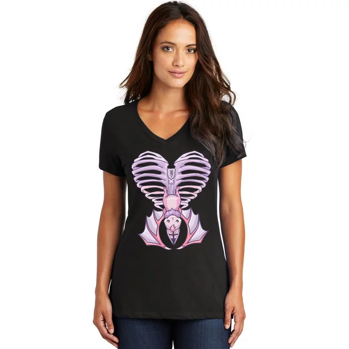 Nu Goth Aesthetic Cute Pastel Goth Bat Ribcage Women's V-Neck T-Shirt