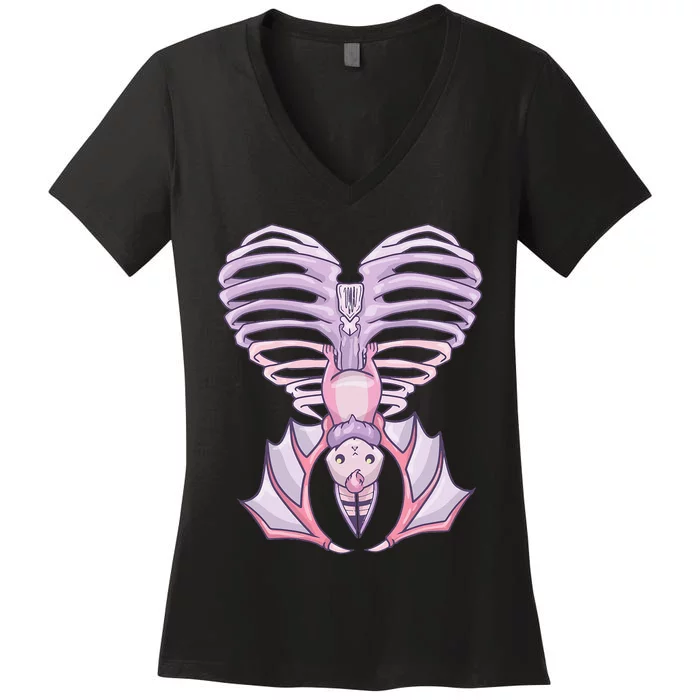 Nu Goth Aesthetic Cute Pastel Goth Bat Ribcage Women's V-Neck T-Shirt