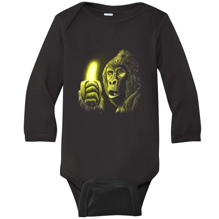 Neon Gorilla Holding Banana Baby Long Sleeve Bodysuit