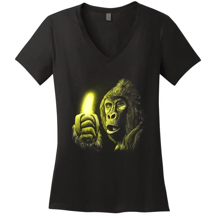 Neon Gorilla Holding Banana Women's V-Neck T-Shirt