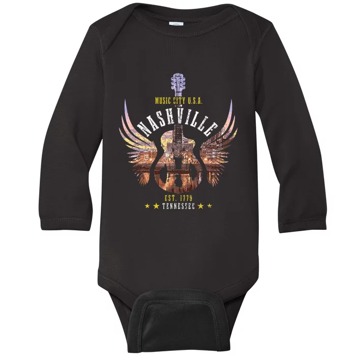 Nashville Guitar Tn Tennessee Country Music City Vintage Baby Long Sleeve Bodysuit