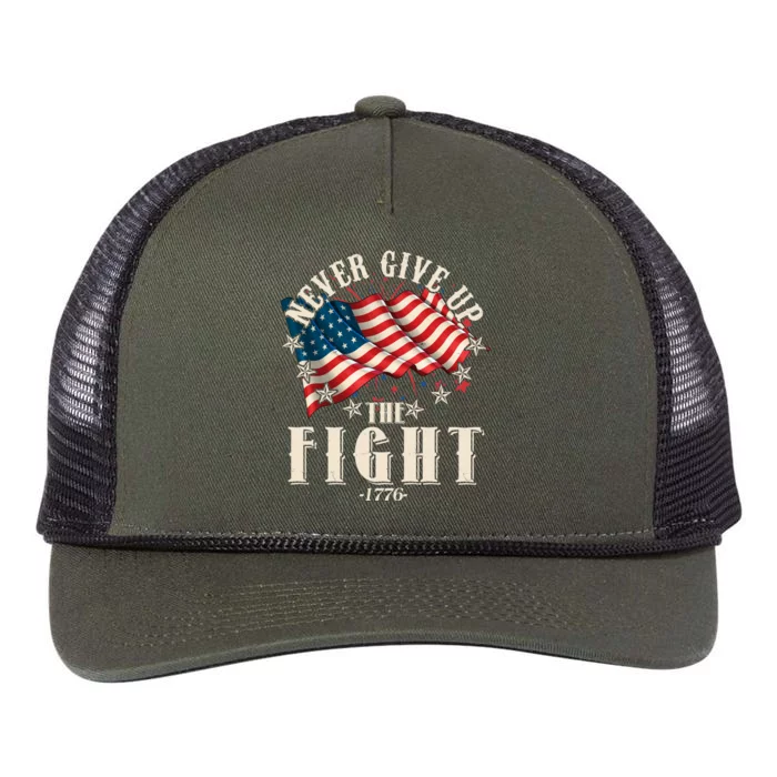 Never Give Up The Fight 1776 USA American Flag Retro Rope Trucker Hat Cap