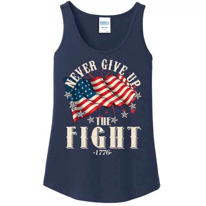 Never Give Up The Fight 1776 USA American Flag Ladies Essential Tank