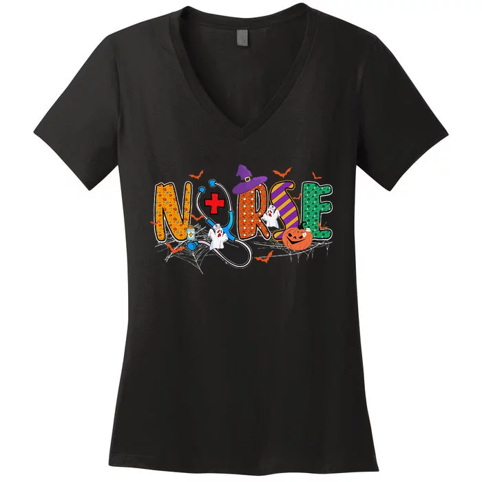 Nurse Ghost Witch Hat Halloween Nursing Scrub Stethoscope Women's V-Neck T-Shirt