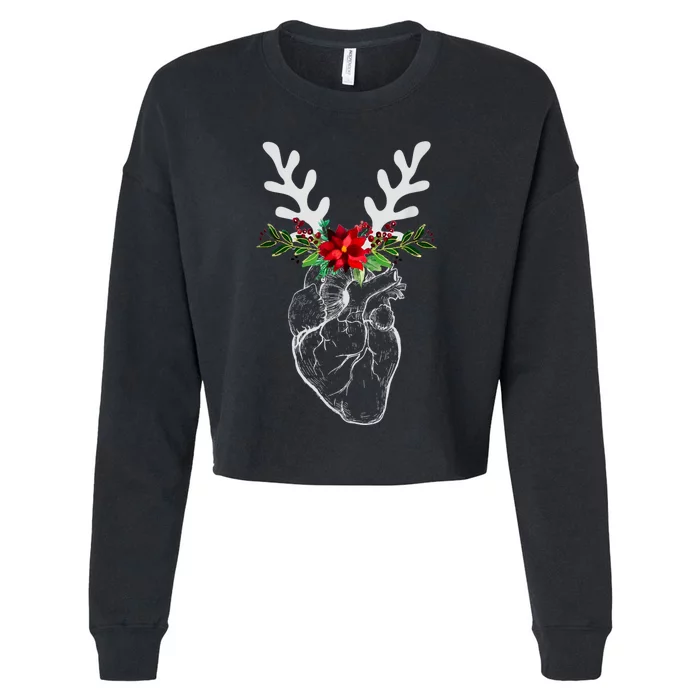 Nurse Heart Anatomy Reindeer Heart Cath Lab Rn Cardiology Hu Cropped Pullover Crew