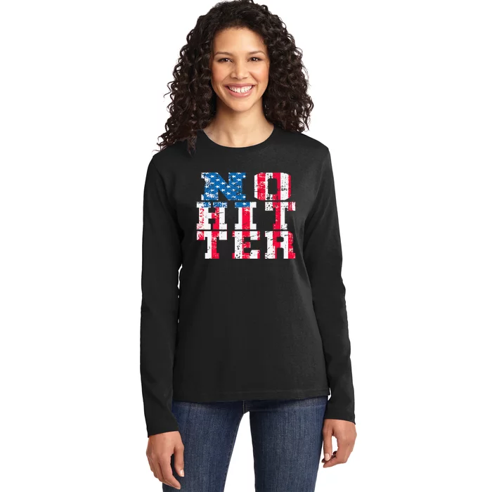 No Hitter Baseball US Flag 4th of July USA Artwork Ladies Long Sleeve Shirt