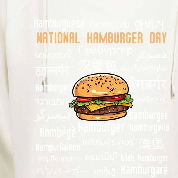 National Hamburger Day American Foods Various Languages Cute Gift Womens Funnel Neck Pullover Hood