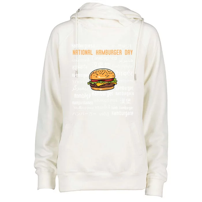 National Hamburger Day American Foods Various Languages Cute Gift Womens Funnel Neck Pullover Hood