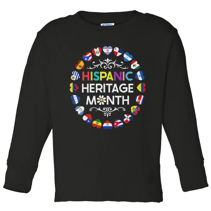 National Hispanic Heritage Month All Countries Flags Hearts Toddler Long Sleeve Shirt