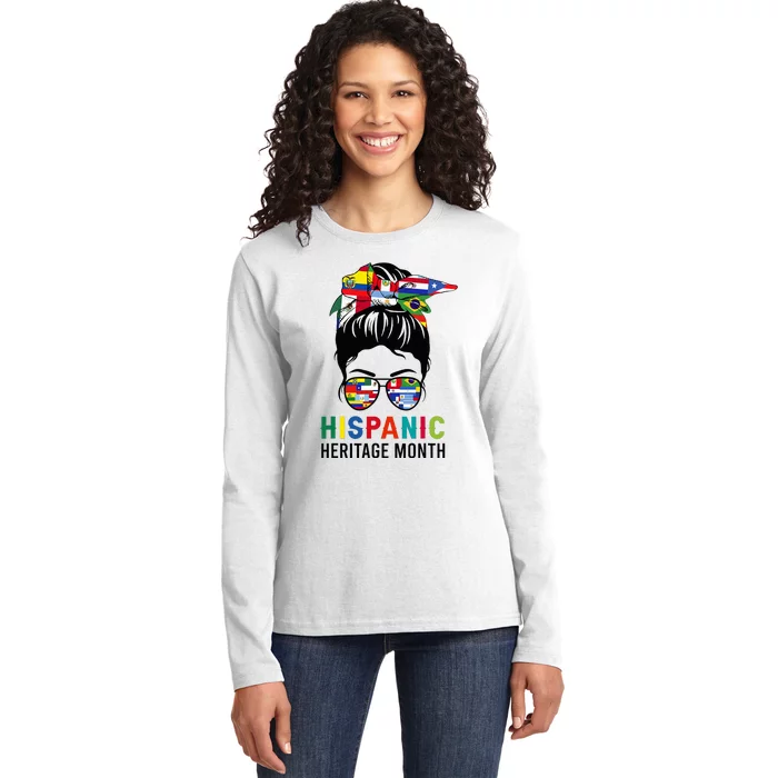 National Hispanic Heritage Month Messy Bun Latin Flags Ladies Long Sleeve Shirt