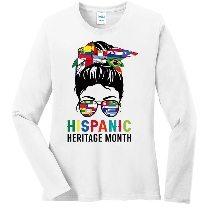 National Hispanic Heritage Month Messy Bun Latin Flags Ladies Long Sleeve Shirt