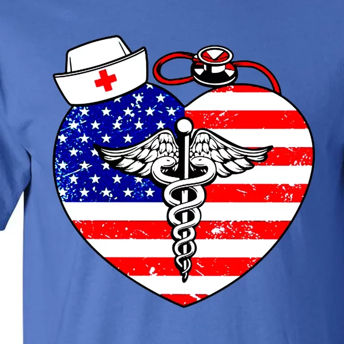 Nurses Heart In America Flag Cna Love Nurse Great Gift Tall T-Shirt