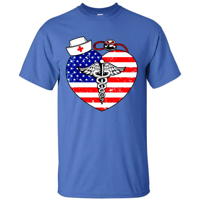 Nurses Heart In America Flag Cna Love Nurse Great Gift Tall T-Shirt