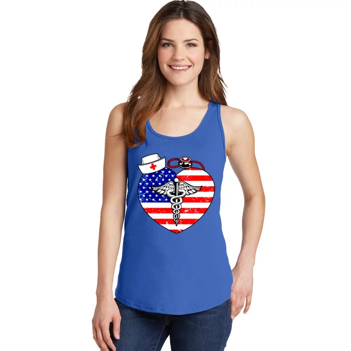 Nurses Heart In America Flag Cna Love Nurse Great Gift Ladies Essential Tank