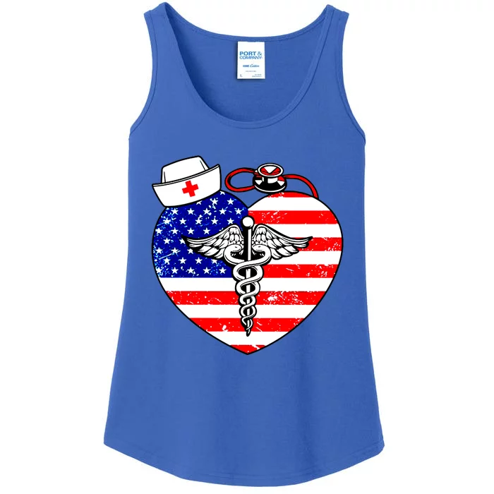 Nurses Heart In America Flag Cna Love Nurse Great Gift Ladies Essential Tank