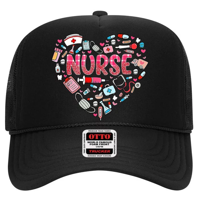 Nurse Heart Nursing Hospital Gift High Crown Mesh Trucker Hat