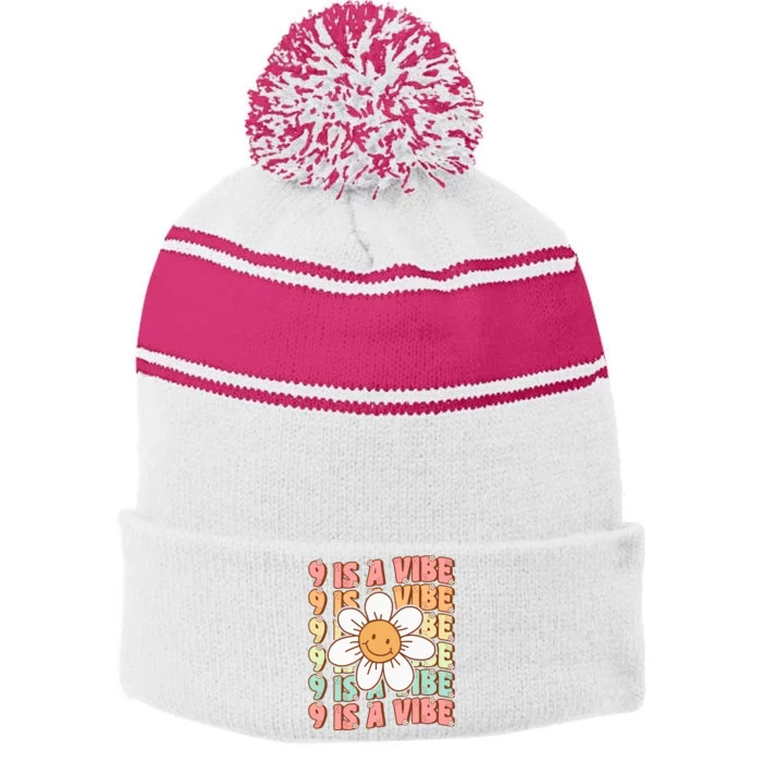 Nine Is A Vibe Cute Groovy 9th Birthday Party Daisy Flower Stripe Pom Pom Beanie