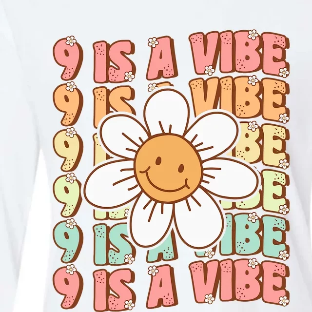 Nine Is A Vibe Cute Groovy 9th Birthday Party Daisy Flower Womens Cotton Relaxed Long Sleeve T-Shirt