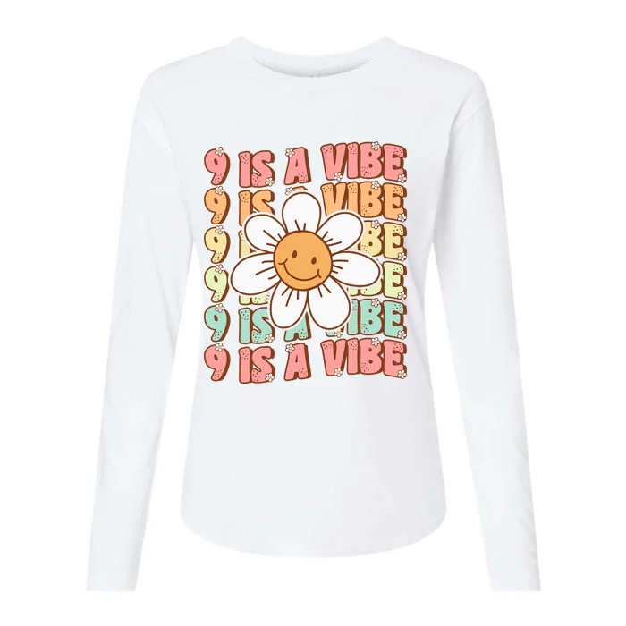 Nine Is A Vibe Cute Groovy 9th Birthday Party Daisy Flower Womens Cotton Relaxed Long Sleeve T-Shirt