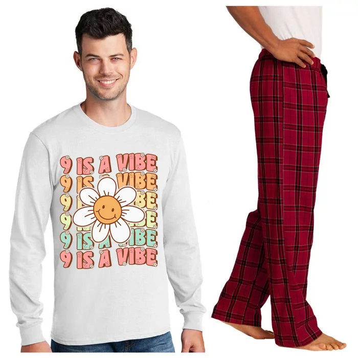 Nine Is A Vibe Cute Groovy 9th Birthday Party Daisy Flower Long Sleeve Pajama Set