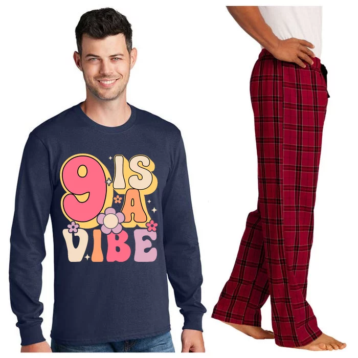 Nine Is A Vibe Birthday 9 Years Old Groovy Retro Long Sleeve Pajama Set