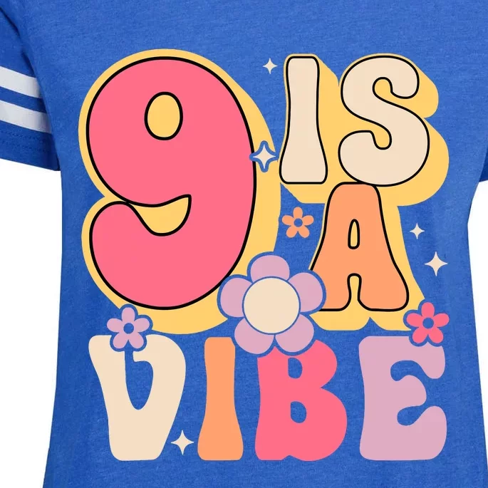 Nine Is A Vibe Birthday 9 Years Old Groovy Retro Enza Ladies Jersey Football T-Shirt