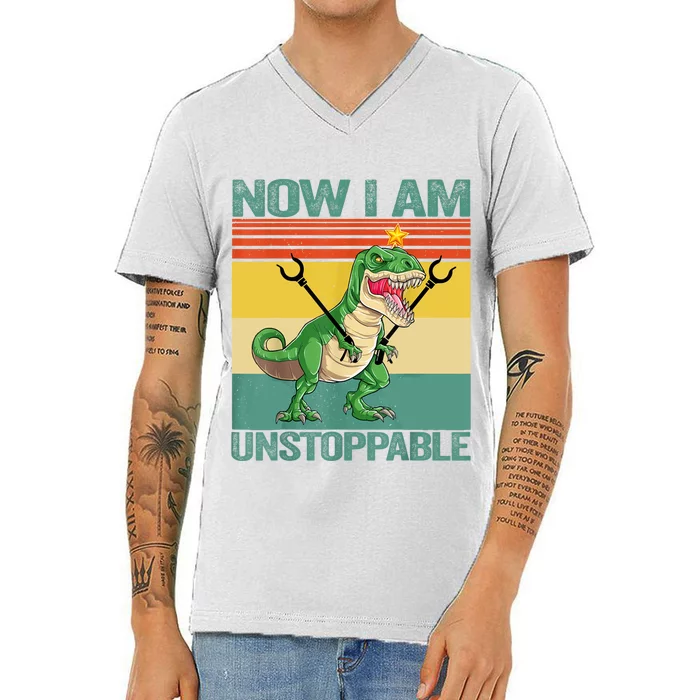 Now I Am Unstoppable TRex Funny Dinosaur Retro Vintage V-Neck T-Shirt