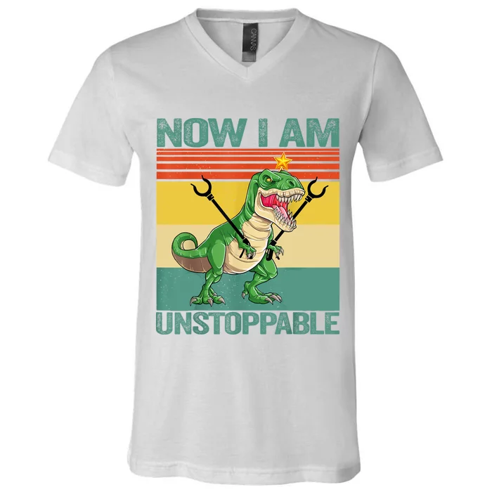 Now I Am Unstoppable TRex Funny Dinosaur Retro Vintage V-Neck T-Shirt