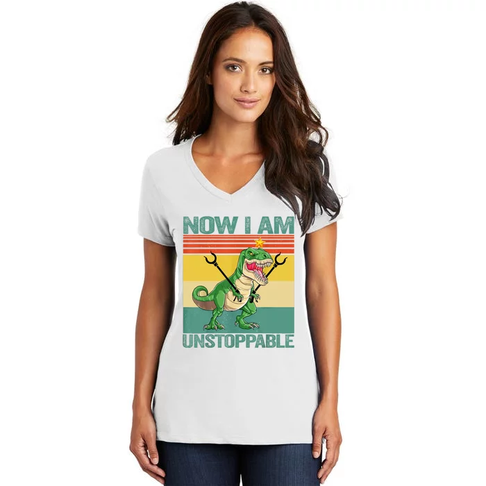 Now I Am Unstoppable TRex Funny Dinosaur Retro Vintage Women's V-Neck T-Shirt