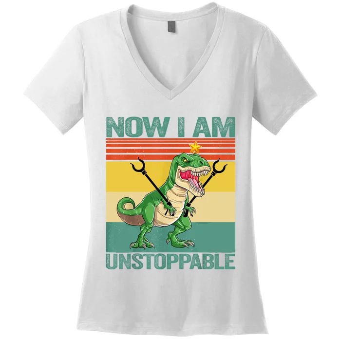 Now I Am Unstoppable TRex Funny Dinosaur Retro Vintage Women's V-Neck T-Shirt