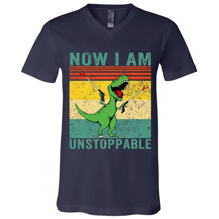 Now I am Unstoppable T-Rex Funny Dinosaur Retro Vintage V-Neck T-Shirt