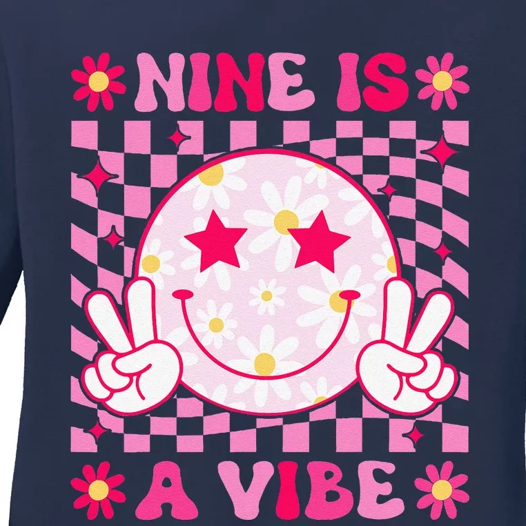 Nine Is A Vibe Birthday Groovy 9 Year Old Girl 9th Birthday Ladies Long Sleeve Shirt