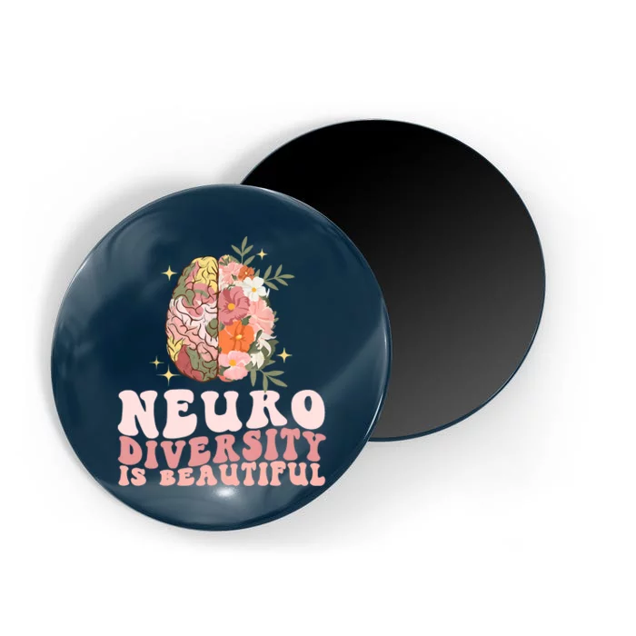 Neurodiversity Is Beautiful Floral Brain Groovy Retro Autism Magnet