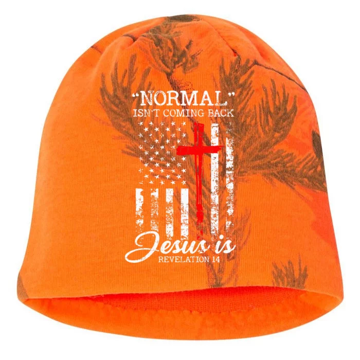 Normal Isnt Coming Back But Jesus Is Revelation 14 USA Flag Kati - Camo Knit Beanie