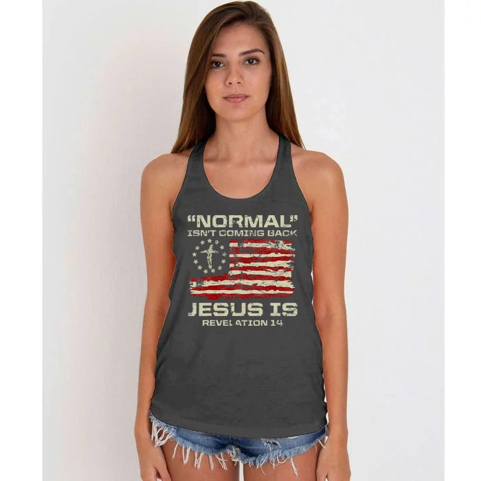 Normal IsnT Coming Back Jesus Is Christian American Flag Women's Knotted Racerback Tank