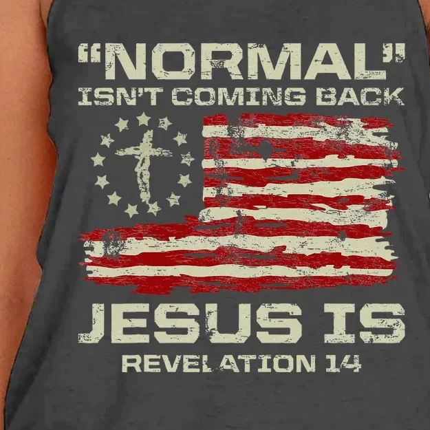 Normal IsnT Coming Back Jesus Is Christian American Flag Women's Knotted Racerback Tank