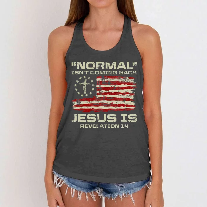 Normal IsnT Coming Back Jesus Is Christian American Flag Women's Knotted Racerback Tank