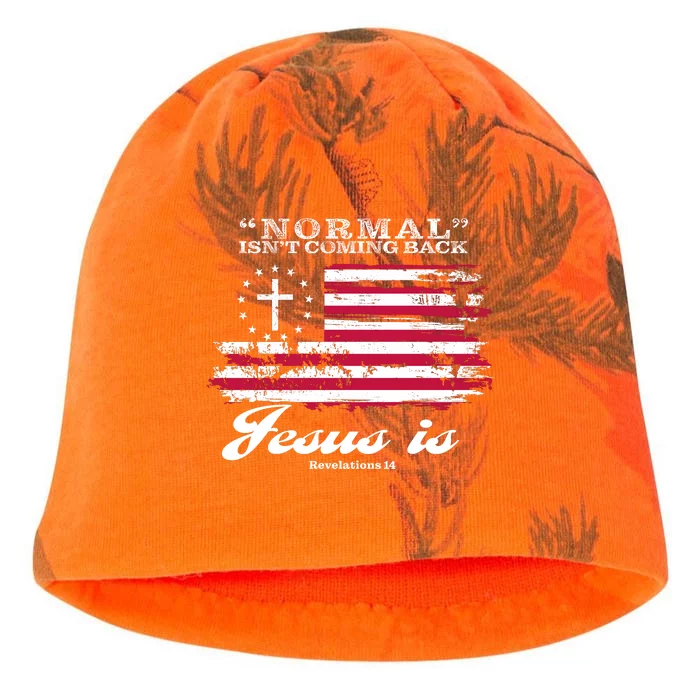 Normal Isn't Coming Back But Jesus Is Revelation 14 American Flag Kati - Camo Knit Beanie