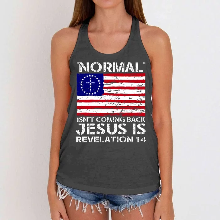 Norman Isnt Coming Back Jesus Is Revelation USA Flag Christianity Women's Knotted Racerback Tank