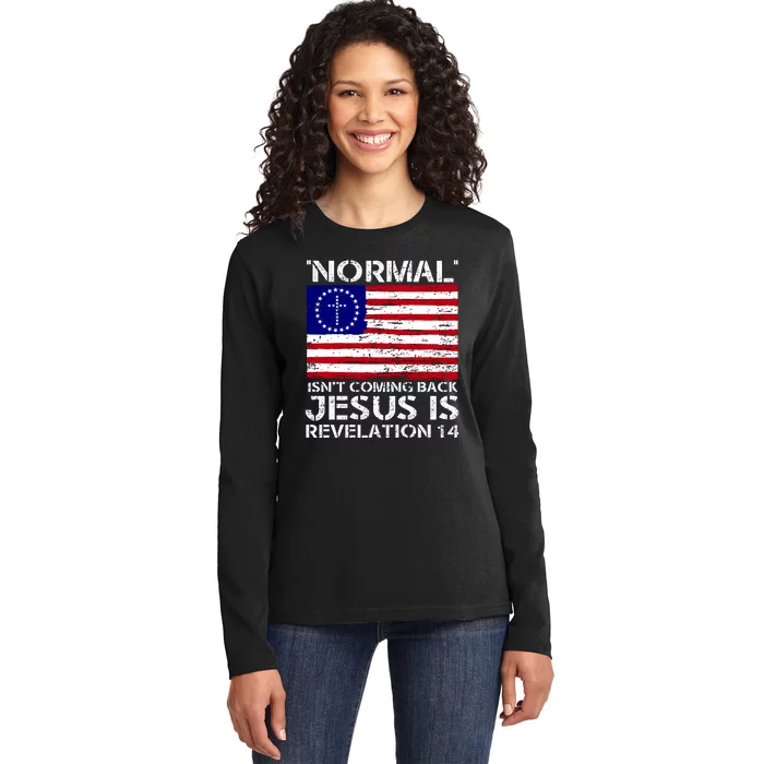 Norman Isnt Coming Back Jesus Is Revelation USA Flag Christianity Ladies Long Sleeve Shirt