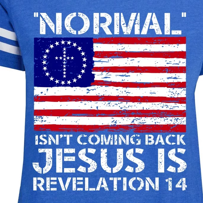 Norman Isnt Coming Back Jesus Is Revelation USA Flag Christianity Enza Ladies Jersey Football T-Shirt