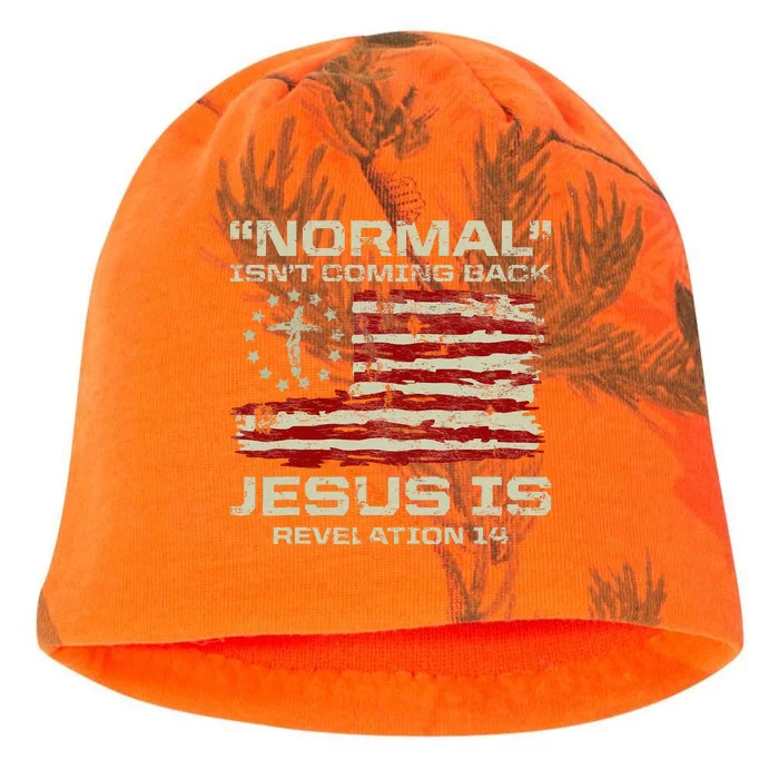 Normal IsnT Coming Back Jesus Is Christian American Flag Kati - Camo Knit Beanie